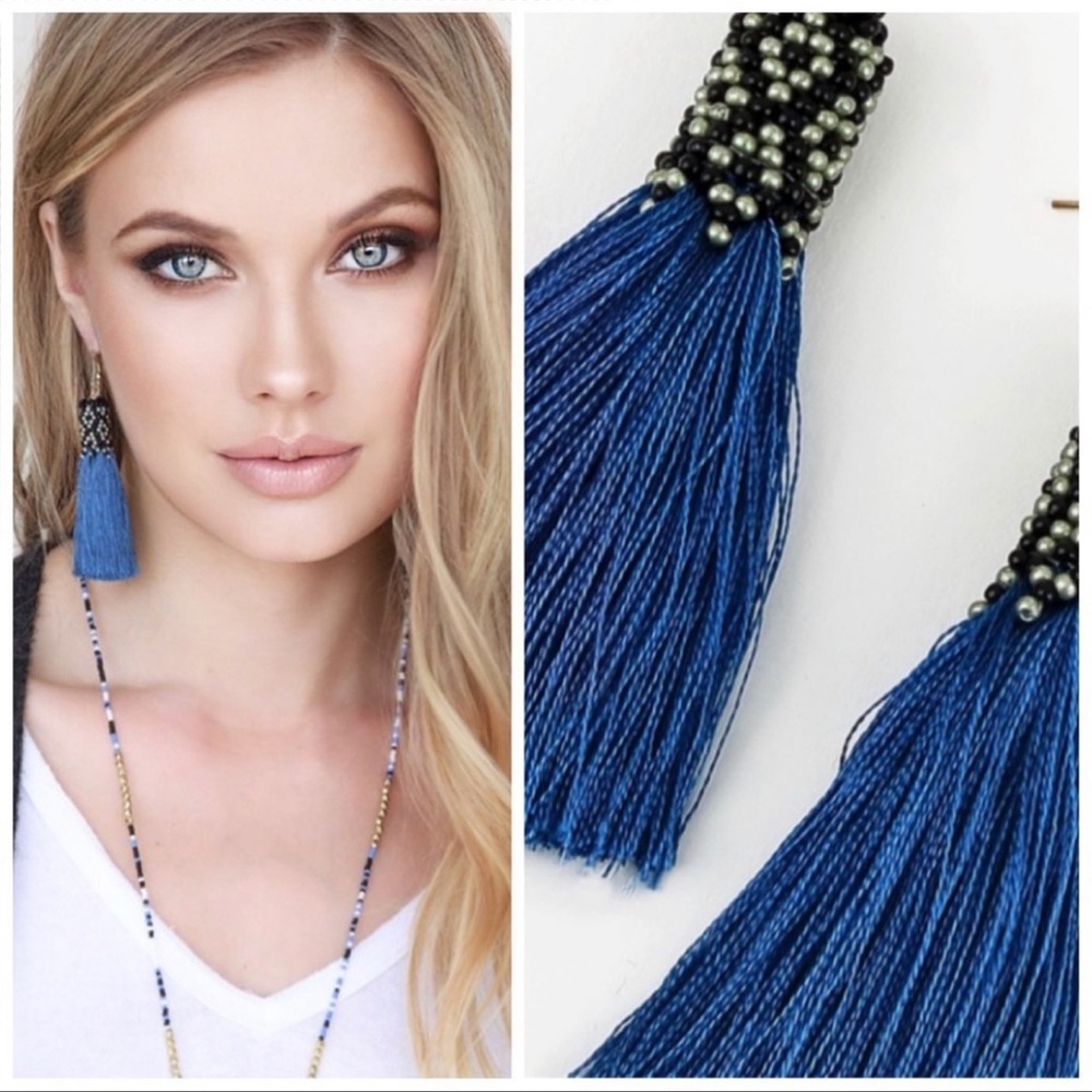 LAST PAIR | Beaded blue tassel boho earrings